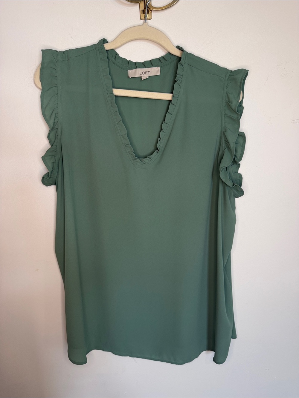 LOFT Sage Green Ruffle Trim V-Neck Blouse